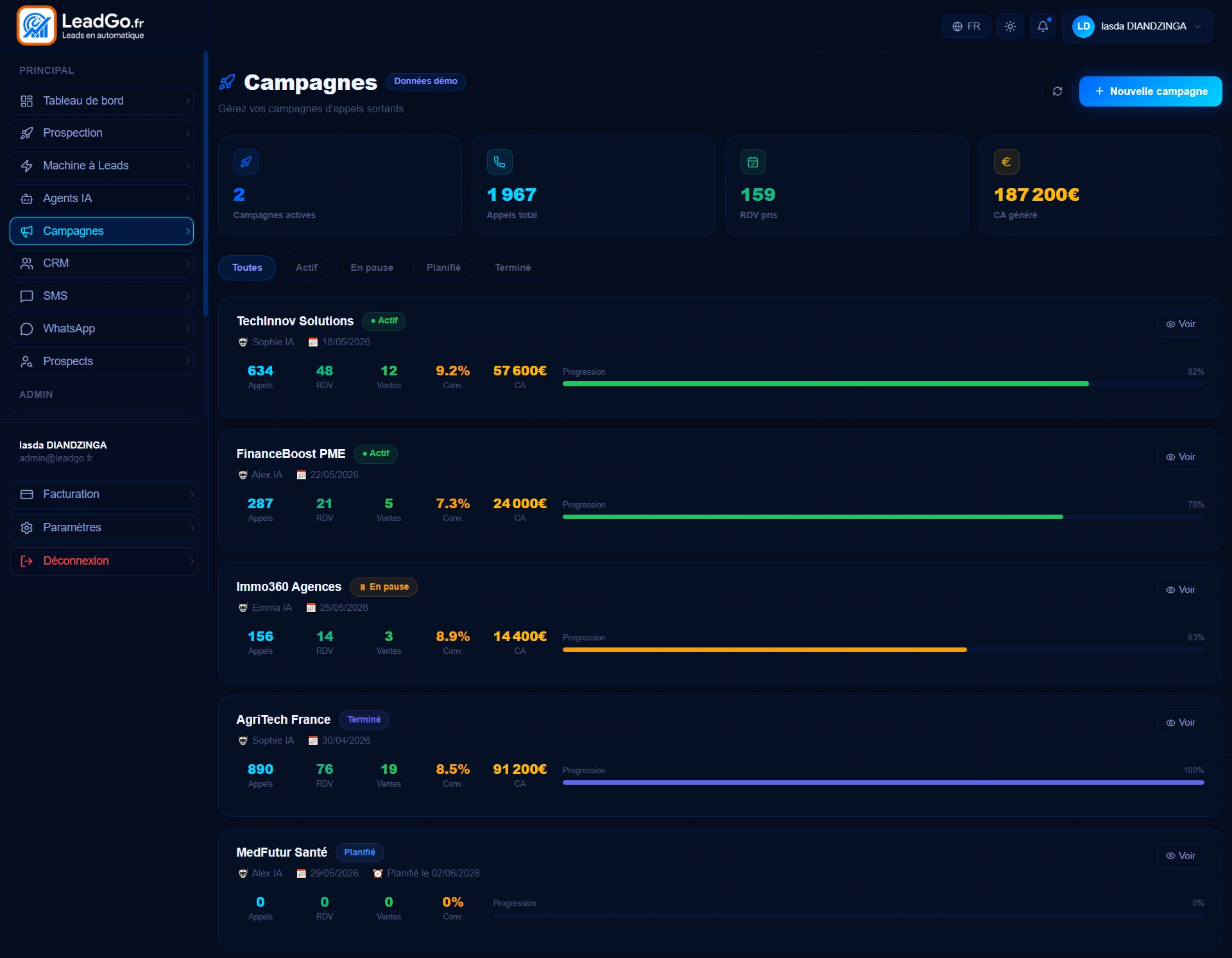 Interface de campagnes et de sourcing de leads IA